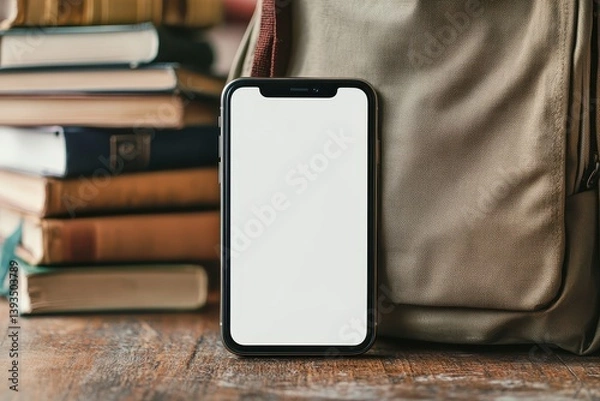 Obraz Phone mockup with a blank white screen on the table near a backpack and books in a library