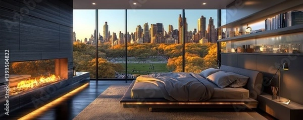 Obraz A chic master bedroom with panoramic windows showing a bustling urban park, and a minimalist ethanol fireplace