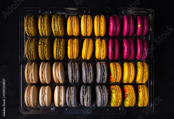 Obraz A set of multi-colored macarons is packed in a rectangular plastic box. Top view on a black background. Food photo