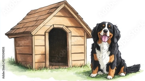 Fototapeta A charming illustration of a Bernese Mountain Dog sitting proudly beside a rustic wooden dog house on a grassy patch
