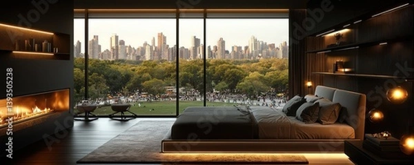Obraz A chic master bedroom with panoramic windows showing a bustling urban park, and a minimalist ethanol fireplace