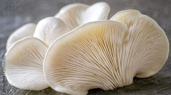 Fototapeta Fresh white oyster mushrooms with gills against a textured gray surface