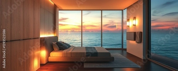 Obraz A contemporary bedroom with floor-to-ceiling windows showcasing the endless ocean under a pastel sunset