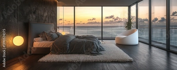Obraz A contemporary bedroom with floor-to-ceiling windows that frame the city's architectural marvels