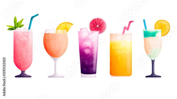 Fototapeta Row of Vibrant Cocktail Illustrations Against Black, cut out transparent