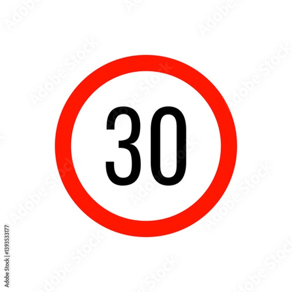 Fototapeta Speed limit road sign from the prohibitory group. Circle with a red border, white background and a number inside. For use in design, in traffic safety applications, for infographics, for maps.