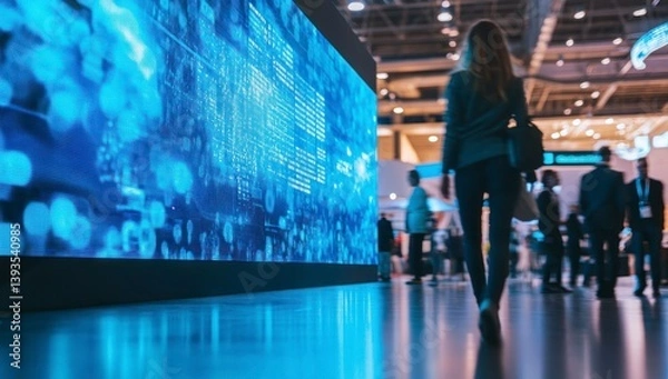 Obraz Woman Walking at Technology Convention with Large Screen Display Showing Data