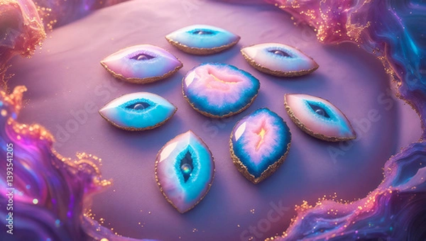 Fototapeta Energetic healing through mystical agate eyes floating in an ethereal nebula. A hypnotic vision radiating cosmic energy, intuition, and spiritual balance.