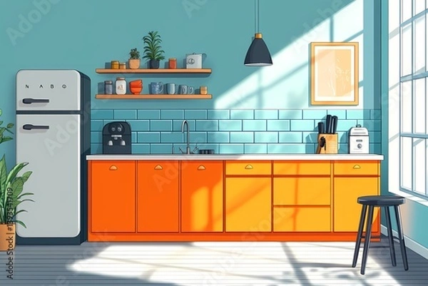 Fototapeta Modern Kitchen Interior with Orange Cabinets, Natural Light and Cozy Home Decor
