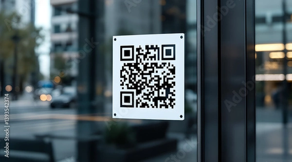 Fototapeta QR code, window, sticker, scan, contactless, glass, mobile access, black and white, barcode, technology, payment, information, modern, digital, smartphone, public, tech, secure, city, office, transpar
