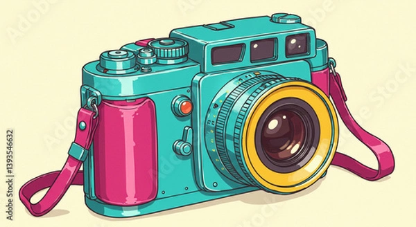 Fototapeta A vibrant teal and pink vintage camera ready for a summer adventure with bold graphic lines and a playful retro aesthetic.