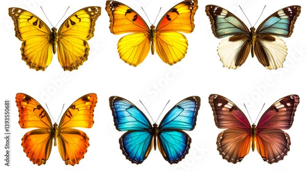 Fototapeta Colorful butterflies collection isolated on black background, cut out transparent