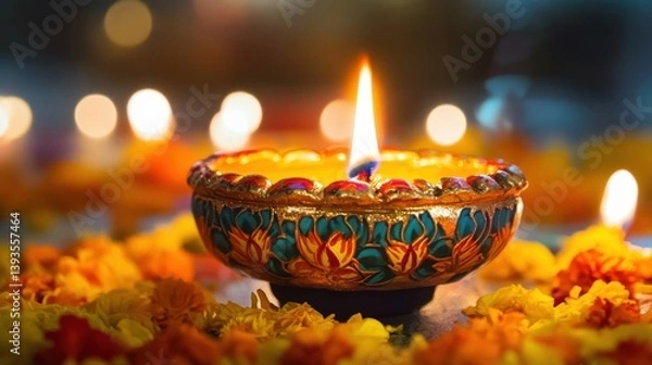 Obraz A lit ornate diya surrounded by colorful floral decoration and bokeh lights