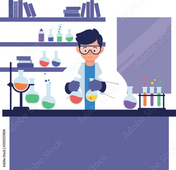 Fototapeta Scientist in a lab coat conducting experiments with colorful liquids in a flat vector illustration