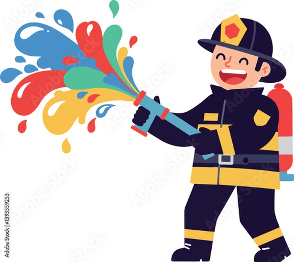 Obraz Cheerful firefighter spraying colorful water from a hose in a flat vector illustration