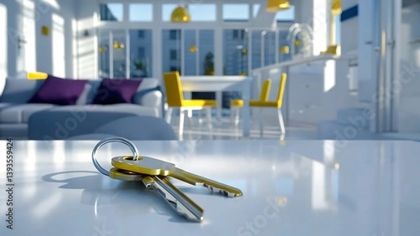 Fototapeta Keys on a white table with a modern living room in the background with yellow accents and purple pillows