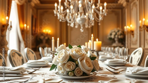 Obraz An elegant dining table set with candles and flowers under a chandelier, exuding a minimalist and sophisticated ambiance.