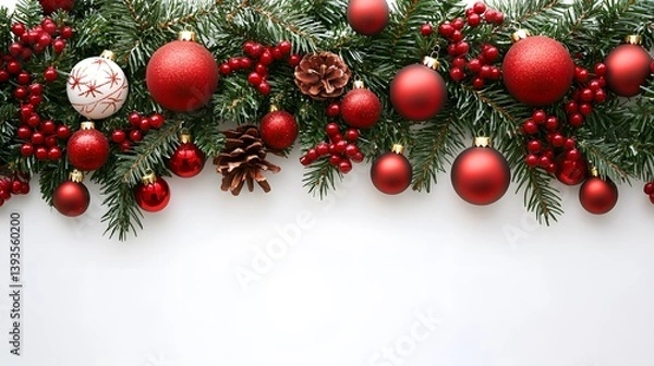 Fototapeta Festive Christmas Garland with Red Ornaments and Pine Cones