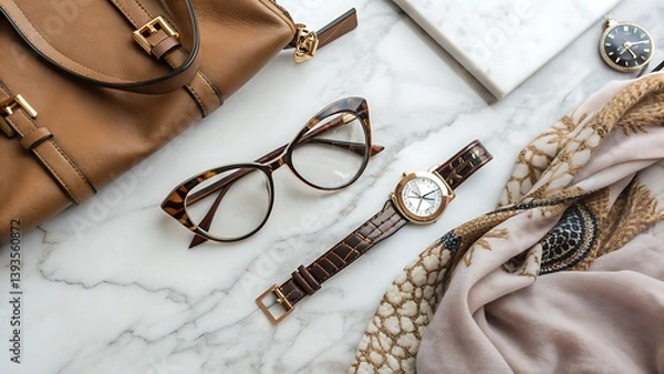 Fototapeta A flat lay of a handbag glasses watch and scarf on a marble surface with a pocket watch nearby