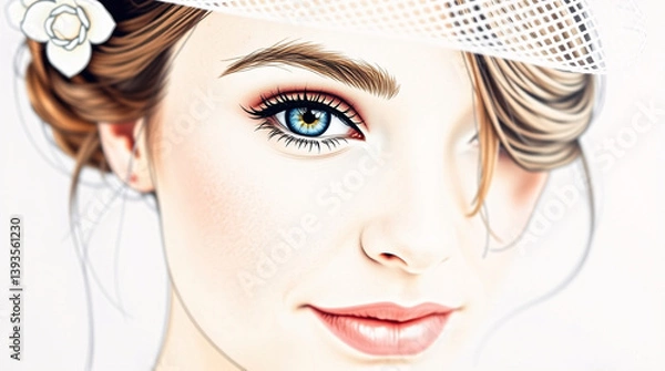 Obraz A close-up illustration of a woman with captivating eyes, wearing a delicate veil, exuding elegance and grace.