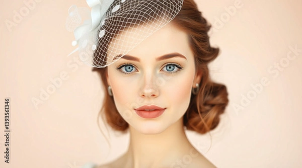Obraz A close-up portrait of a woman with captivating eyes, wearing a delicate veil, exuding elegance and grace.