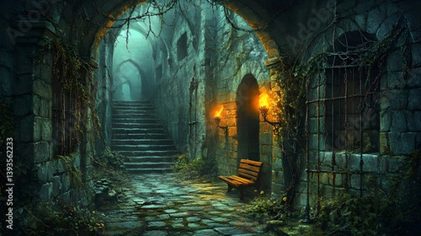 Fototapeta Echoes of Time: Shadows and Secrets in a Medieval Dungeon of Forgotten Lore