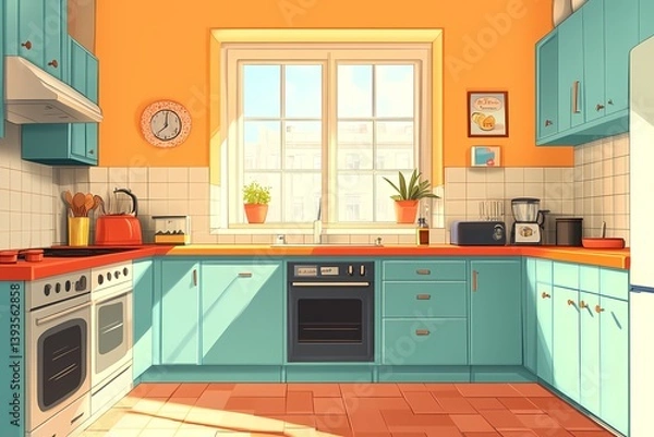 Obraz Modern Kitchen Interior Design with Blue Cabinets and Orange Walls - Bright, Colorful, and Functional Home Space with Natural Light