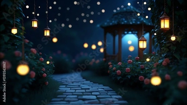 Fototapeta A garden path illuminated by lanterns leading to a gazebo under a starry night sky backdrop
