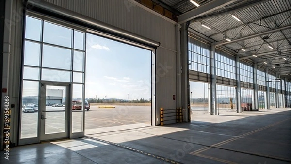 Obraz Interior view of a large hangar with open doors revealing an airfield on a bright sunny day scene
