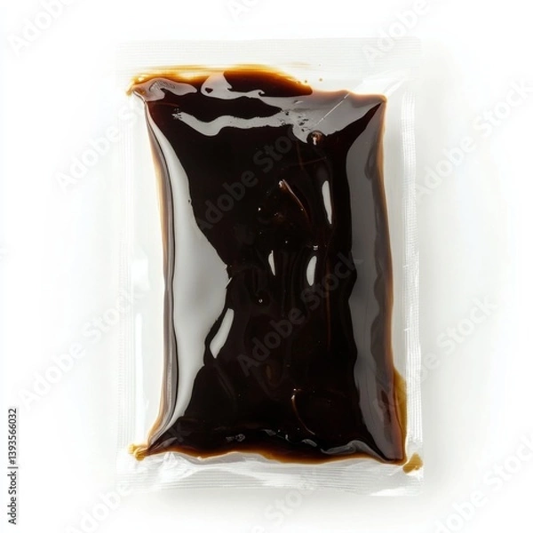 Fototapeta Sealed soy sauce sachet on white background - transparent packet with dark liquid