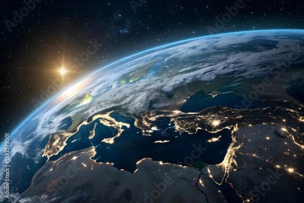 Fototapeta A high-definition satellite image captures Earth at night, illuminated by glowing city lights,Sunrise illuminating Earth's atmosphere, revealing continents, oceans, and city lights from space.


