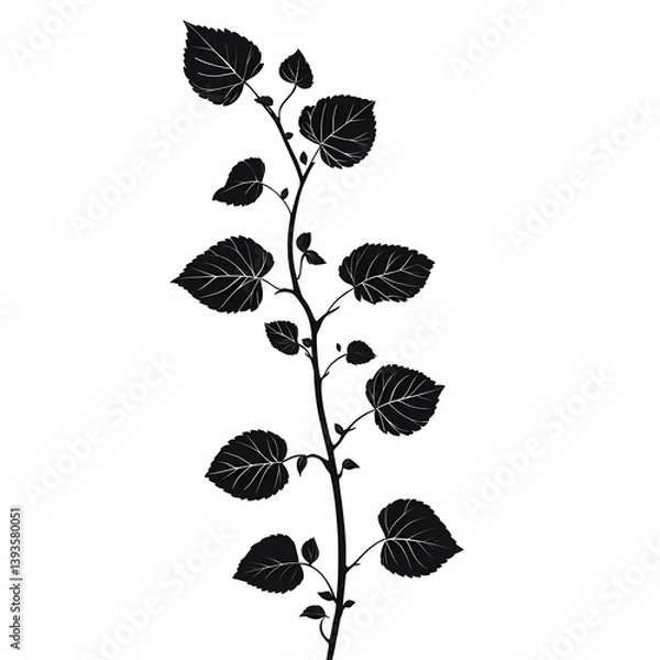Obraz Tropical Foliage Leafy Silhouette: Organic Leaf and Branch Vector Botanical Illustration in Black and White