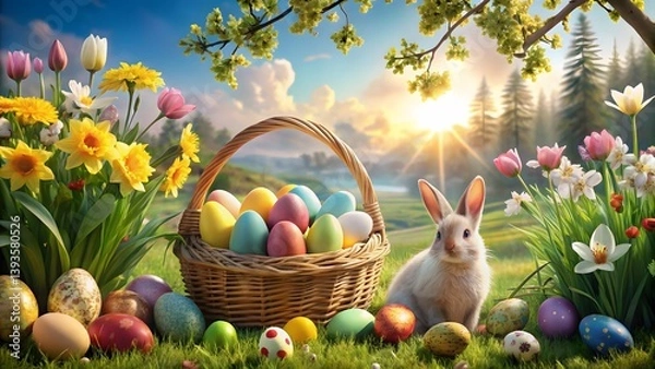 Obraz Easter Basket with Rabbit and Eggs in Spring Landscape