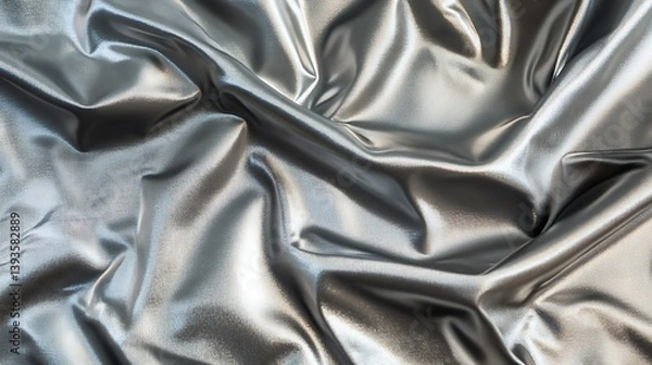 Obraz Close-up of crumpled metallic silver fabric displaying intricate textures and shimmering highlights under soft lighting