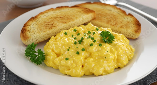 Fototapeta Creamy Scrambled Eggs with Toast and Fresh Herb Garnish
