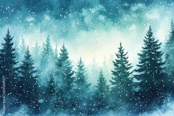 Fototapeta Winter wonderland scene showcasing snow falling on forest trees