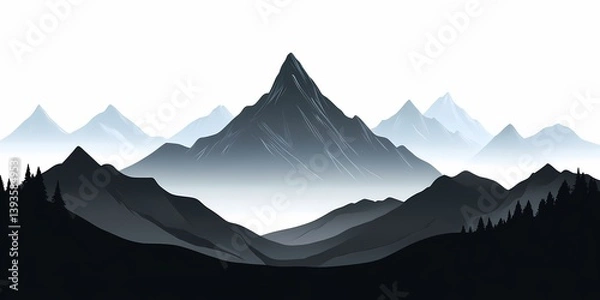 Obraz Minimalistic Mountain Range Illustration: Serene Black and White Landscape Design with Silhouetted Peaks