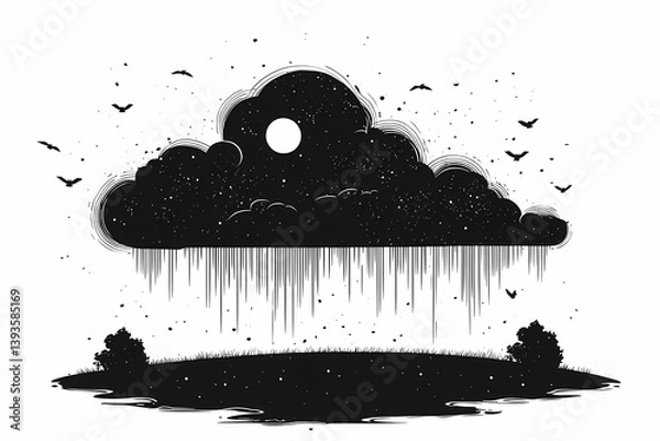 Obraz Monochrome Digital Illustration: Black and White Stormy Night with Moon and Clouds