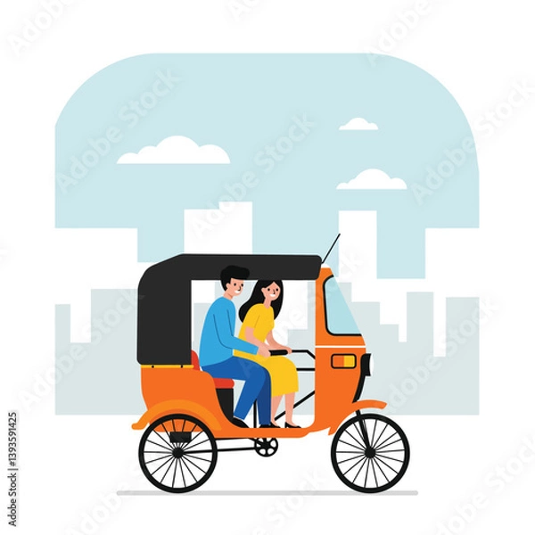 Obraz Rickshaw ride through cityscape in flat vector art style with cheerful characters