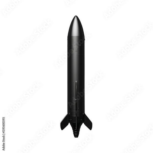 Fototapeta Black model of a small rocket standing upright, isolated on transparent background