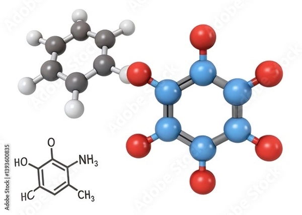 Fototapeta Molecule: Uridine. Ribonucleoside. Molecular structure. Formula: C9H12N2O6. Chemical model: Ball and stick. White background. 3D illustration.