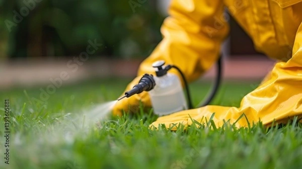 Fototapeta Worker spraying pest control solution on a lush green lawn for effective pest management