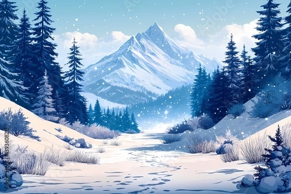 Fototapeta Winter Wonderland: Scenic Snow-Covered Mountains & Serene Forest Pathway for Tranquil Exploration