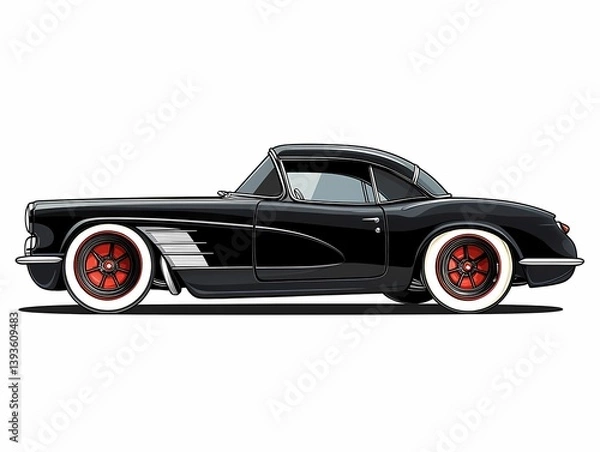 Obraz Vintage Automobile: Elegant Black Sports Car Illustration for Car Enthusiasts - Classic Vehicle Side View with Nostalgic Design and Retro Vintage Racing Style