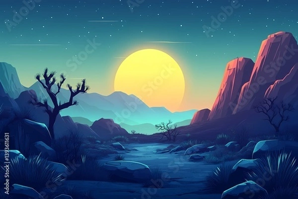 Obraz Vibrant Desert Sunset Illustration - Tranquil Landscape with Cactus and Mountains