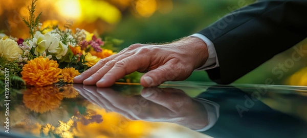 Fototapeta Gentle hand resting near flowers on a coffin