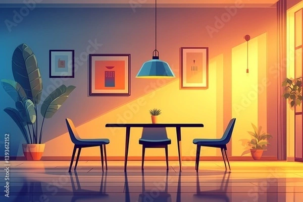 Obraz Modern Dining Room Interior Design: Cozy Atmosphere with Stylish Furniture, Warm Lighting, and Artistic Decor Featuring Houseplants, Celebrating Minimalism and Contemporary Art.