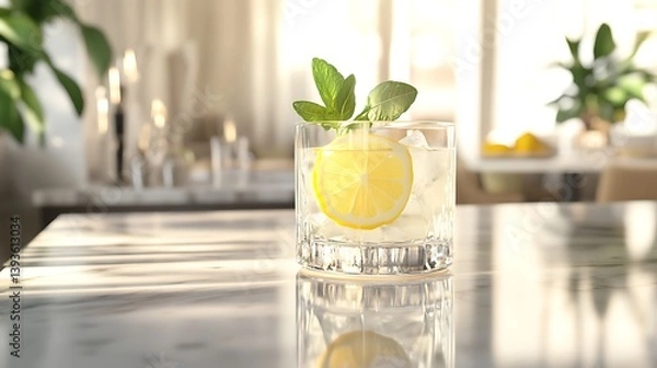 Fototapeta A refreshing glass of lemonade garnished with mint and lemon slices on a marble table in a sunlit kitchen setting