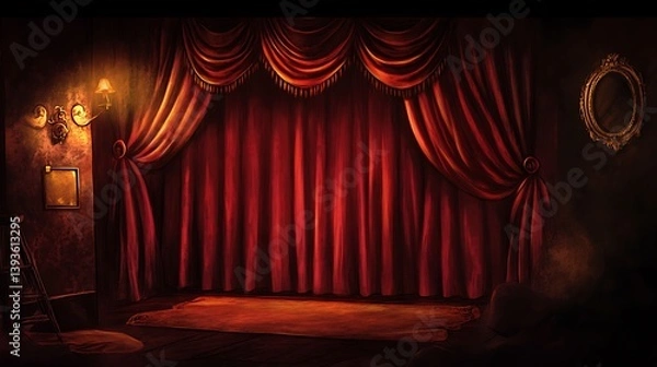 Fototapeta A richly decorated vintage theater stage with red velvet curtains, dimly lit atmosphere, and luxurious furnishings creating a dramatic and inviting scene