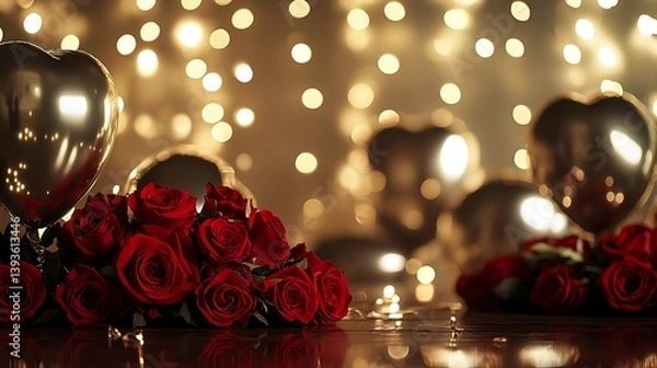 Fototapeta A romantic arrangement of deep red roses in foreground with shimmering golden fairy lights and shiny heart-shaped balloons in a softly blurred background